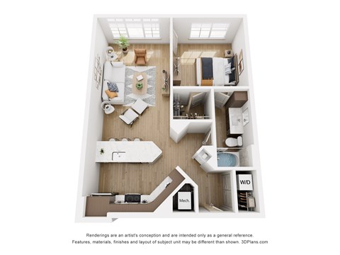 Floor plan for 1 bed, 1 bath, 811 sqft